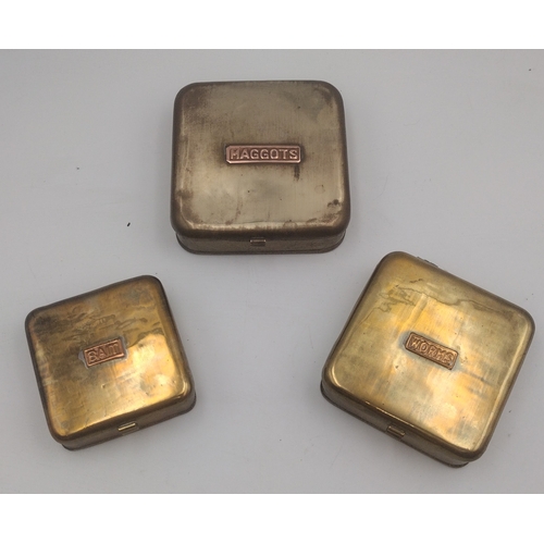 312 - 1950s Vintage Set of Three Stacking Brass Bait Tins with Copper Plaques for Maggots, Bait, and Worms... 