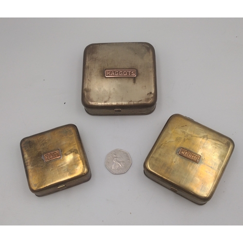 312 - 1950s Vintage Set of Three Stacking Brass Bait Tins with Copper Plaques for Maggots, Bait, and Worms... 