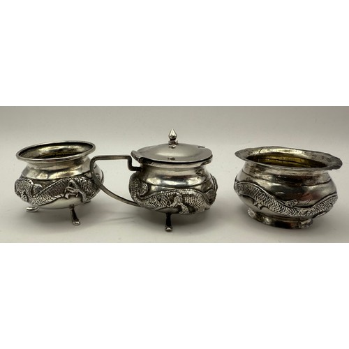 41 - Three Late Qing Antique Chinese Export Dragon Detailed Silver Items by Kwan Wo to Include Lidded Pot... 