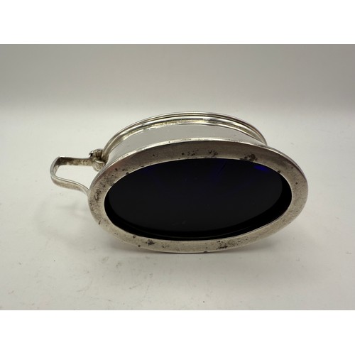 47 - Silver Mustard Pot with Cobalt Blue Glass Liner Hallmarked Birmingham 1919 Cornelius Desormeaux Saun... 