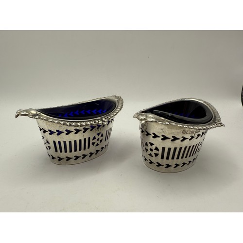 48 - Pair of Edwardian Silver Salts with Cobalt Blue Glass Liners Fully Hallmarked Sheffield 1904 Walker ... 