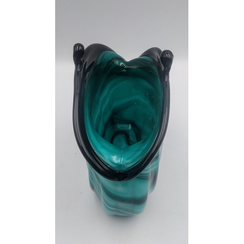 293 - Murano-Style Hand-Blown Art Glass Purse Vase with Swirled Teal and Black Design, c.1980s