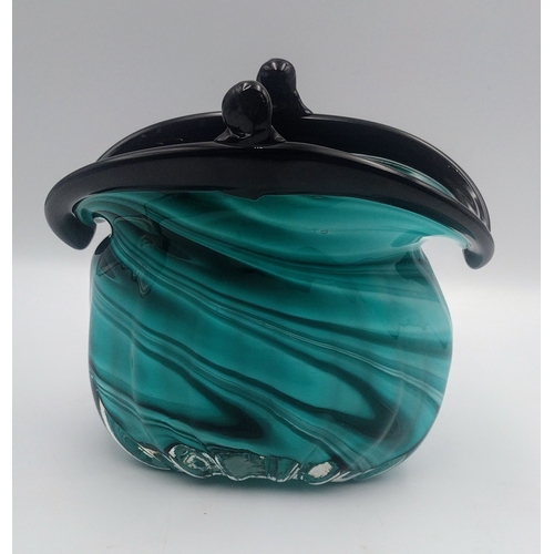 293 - Murano-Style Hand-Blown Art Glass Purse Vase with Swirled Teal and Black Design, c.1980s