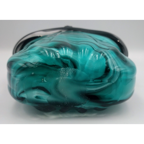 293 - Murano-Style Hand-Blown Art Glass Purse Vase with Swirled Teal and Black Design, c.1980s