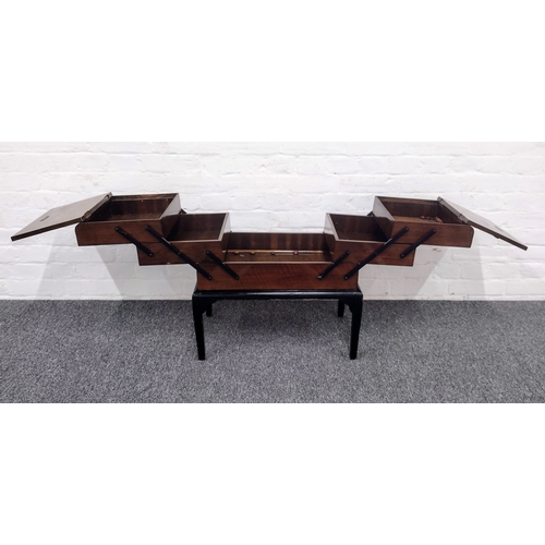 379 - Mid-20th Century British Chard Products Wooden Cantilever Sewing Box on Ebonised Legs with Multiple ... 