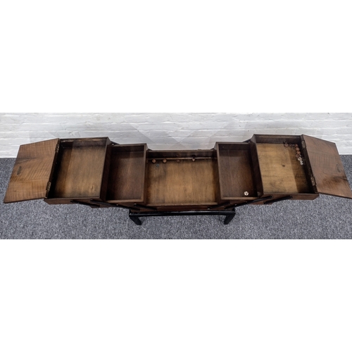 379 - Mid-20th Century British Chard Products Wooden Cantilever Sewing Box on Ebonised Legs with Multiple ... 