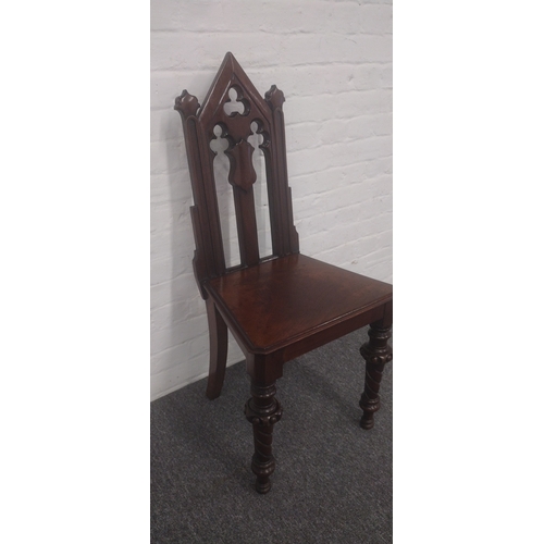 87 - Gothic Revival Hall or Church Chair in Carved Mahogany, Mid to Late 19th Century, Featuring Trefoil ... 