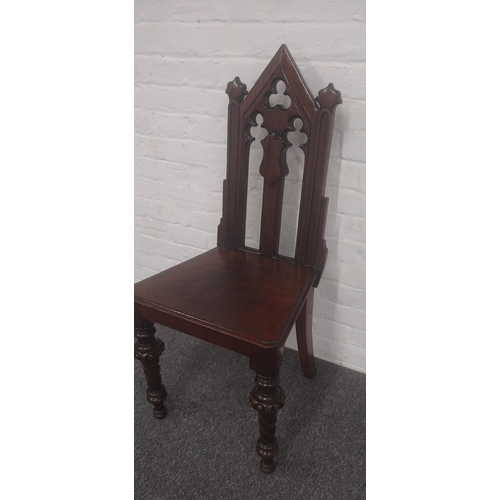 87 - Gothic Revival Hall or Church Chair in Carved Mahogany, Mid to Late 19th Century, Featuring Trefoil ... 