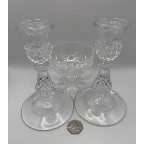 329 - Pair of Thistle Glass Candlesticks & Bon Bon Bowl