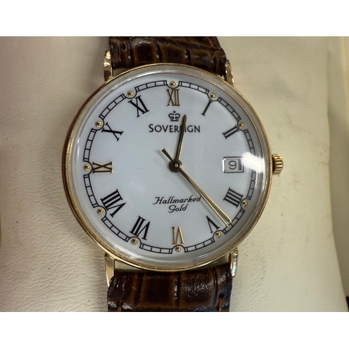 52 - 9ct 375 Gold Men’s Calendar Watch by Sovereign FWO Quartz Movement - in Original Jewellery Box