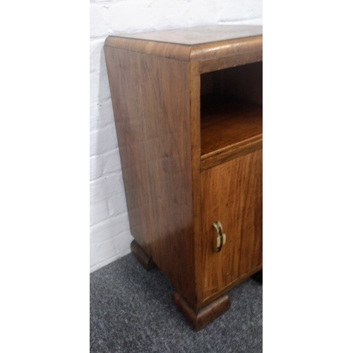 90 - 1930s Art Deco Solid Walnut Bedside Cabinet with Bakelite Handle, Brass-Trimmed Stepped Plinth Base,... 