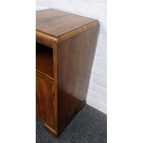 90 - 1930s Art Deco Solid Walnut Bedside Cabinet with Bakelite Handle, Brass-Trimmed Stepped Plinth Base,... 