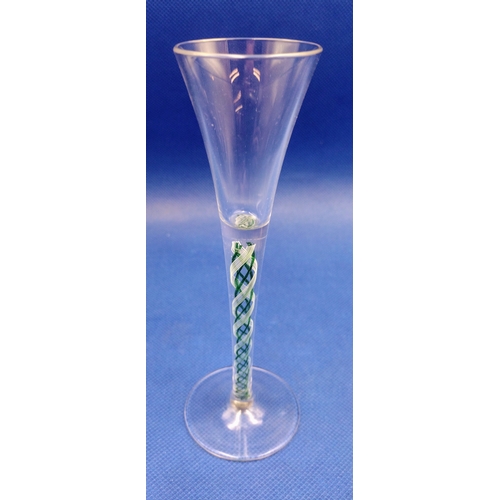 29 - Pair of Antique Georgian Paterned Fluted Wine Glasses with Green and White Opaque Twist Stems, appro... 