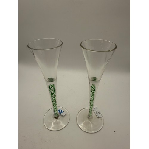 29 - Pair of Antique Georgian Paterned Fluted Wine Glasses with Green and White Opaque Twist Stems, appro... 