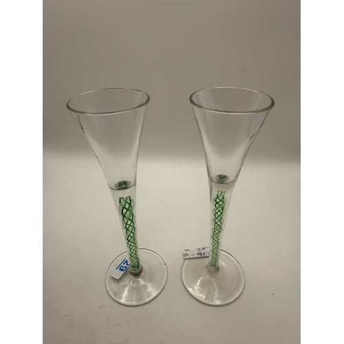 29 - Pair of Antique Georgian Paterned Fluted Wine Glasses with Green and White Opaque Twist Stems, appro... 