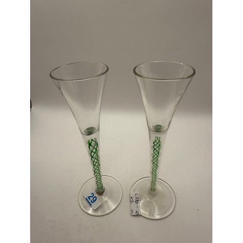 29 - Pair of Antique Georgian Paterned Fluted Wine Glasses with Green and White Opaque Twist Stems, appro... 