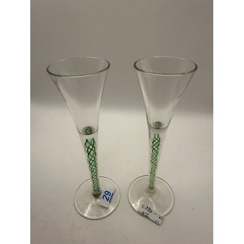 29 - Pair of Antique Georgian Paterned Fluted Wine Glasses with Green and White Opaque Twist Stems, appro... 