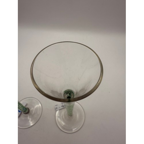 29 - Pair of Antique Georgian Paterned Fluted Wine Glasses with Green and White Opaque Twist Stems, appro... 