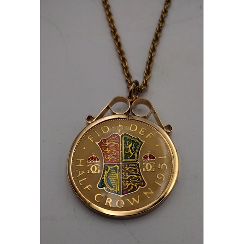 2 - Enamelled 1951 George VI Half Crown Necklace in Gilt Pendant Mount