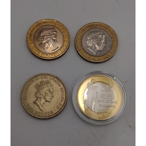 4 - Group of Four UK £2 Coins – 2× 2014 WWI Kitchener, 1986 Thistle £2 and 2019 Remember Reflect Respect... 