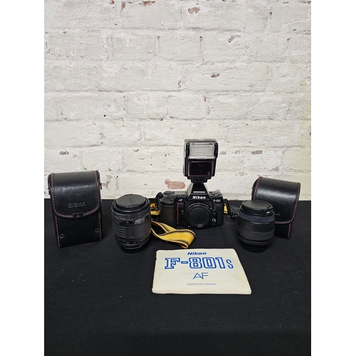 30 - Nikon F801 Camera with Two Sigma Lenses with Carry Case. Untested