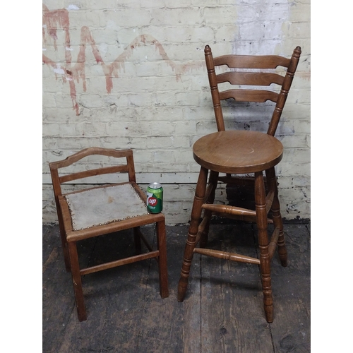 43 - One Small Wooden Nailed-Seat Chair And One Wooden Ladder-Back Bar Stool Mid 20th Century