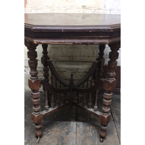 45 - Victorian Aesthetic Movement Octagonal Occasional Table with Turned Legs, Spindle-Arched Stretcher a... 
