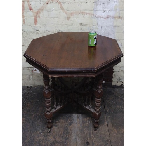 45 - Victorian Aesthetic Movement Octagonal Occasional Table with Turned Legs, Spindle-Arched Stretcher a... 