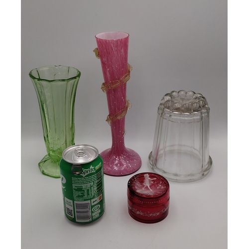 50 - Antique and Vintage Glass Collection Including Mary Gregory Cranberry Lidded Pot, Uranium Style Flut... 