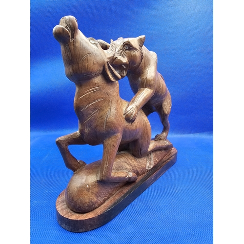 56 - Vintage Wooden Hand Carved Wood Sculpture Figurine Lion Attacking A Bull