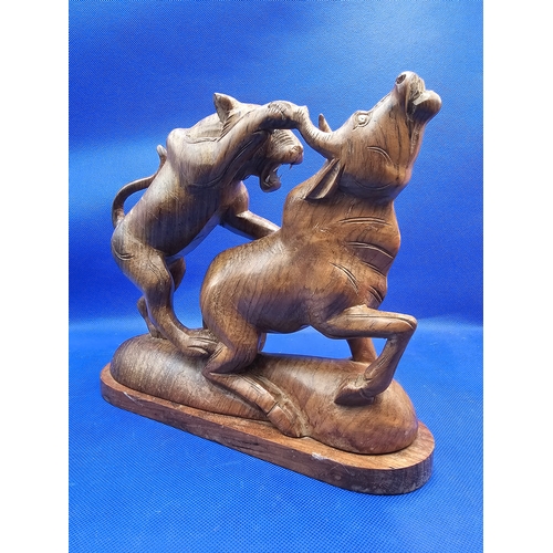 56 - Vintage Wooden Hand Carved Wood Sculpture Figurine Lion Attacking A Bull