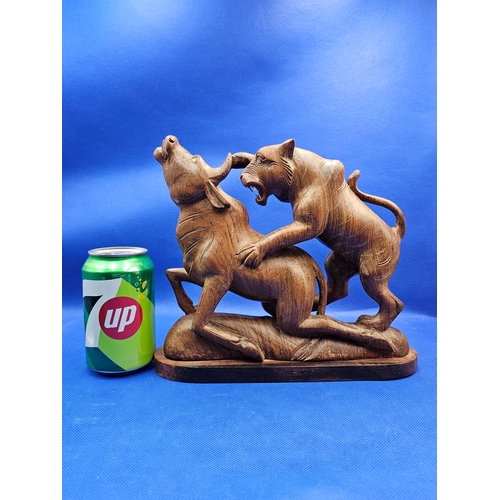 56 - Vintage Wooden Hand Carved Wood Sculpture Figurine Lion Attacking A Bull