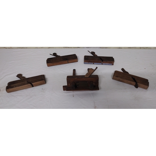 Collection of 5 English Wooden Planes Including Bench Planes, Skew Rebate Plane and Plough Plane, 19th–Early 20th Century