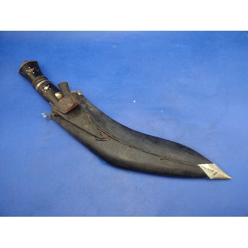 Indian Export Kukri Knife with Etched Blade, Scabbard and Two Companion Knives, Circa 1950s–1960s