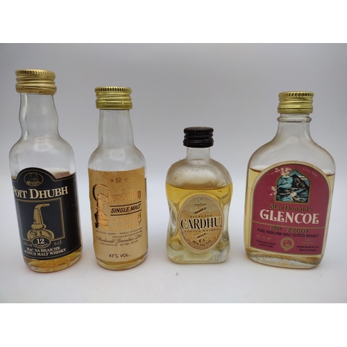 Four Vintage Scotch Whisky Miniatures Including Pot Dhubh 12 Year Old Malt Whisky from Isle of Skye, Glendullan Single Malt Scotch Whisky from Dufftown, Cardhu 12 Year Old Single Highland Malt Scotch Whisky and MacDonald’s Glencoe 100 Proof Pure Highland Malt Scotch Whisky.