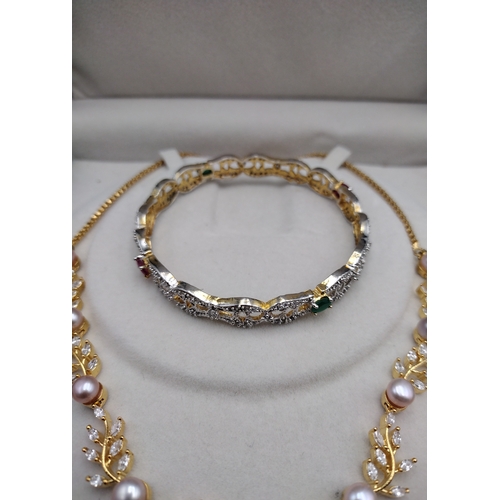 91 - Boxed 925 Silver Gilt High Lustre Freshwater Pearl and “Diamond-Look” Jewellery Suite, with Ruby and... 