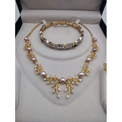 91 - Boxed 925 Silver Gilt High Lustre Freshwater Pearl and “Diamond-Look” Jewellery Suite, with Ruby and... 