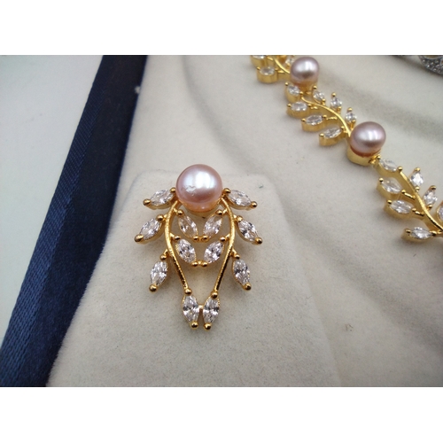 91 - Boxed 925 Silver Gilt High Lustre Freshwater Pearl and “Diamond-Look” Jewellery Suite, with Ruby and... 