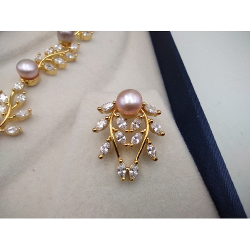 91 - Boxed 925 Silver Gilt High Lustre Freshwater Pearl and “Diamond-Look” Jewellery Suite, with Ruby and... 