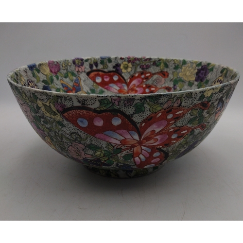 92 - Chinese Famille Rose Butterfly and Floral Porcelain Bowl, Black Stippled Ground, Iron-Red Chenghua W... 