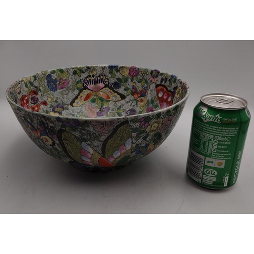 92 - Chinese Famille Rose Butterfly and Floral Porcelain Bowl, Black Stippled Ground, Iron-Red Chenghua W... 