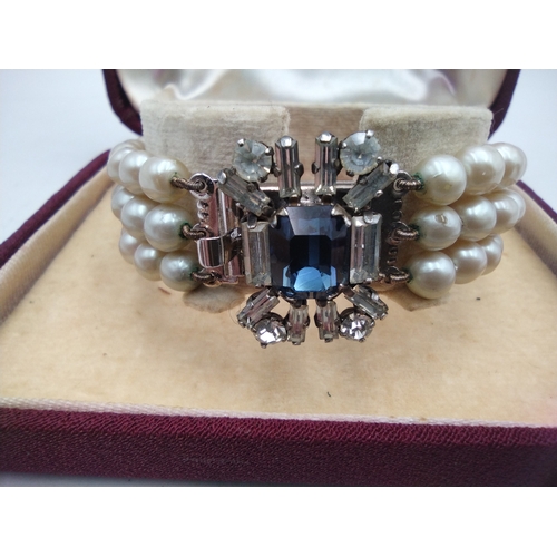 73 - Boxed Vintage La Baroque By Lotus Three-Strand Faux Pearl Bracelet With Silver Simulated Sapphire an... 