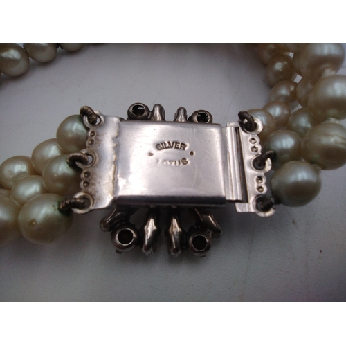 73 - Boxed Vintage La Baroque By Lotus Three-Strand Faux Pearl Bracelet With Silver Simulated Sapphire an... 