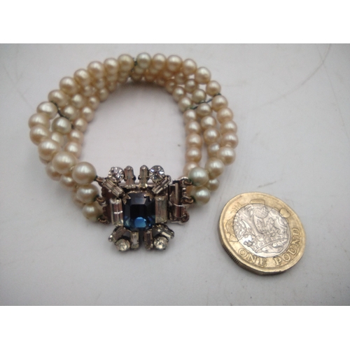73 - Boxed Vintage La Baroque By Lotus Three-Strand Faux Pearl Bracelet With Silver Simulated Sapphire an... 