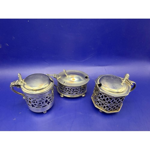 11 - Three Sterling Silver Mustard Pots two with Blue Glass Liners approx 104g 925