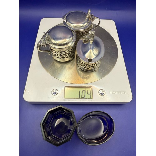 11 - Three Sterling Silver Mustard Pots two with Blue Glass Liners approx 104g 925