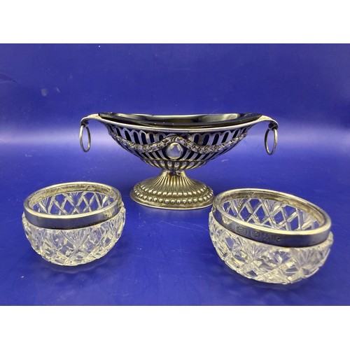 14 - Two Sterling silver Rimmed Glass Salts & Sterling Lozenge Salt with Blue Glass Liner min 30g 925