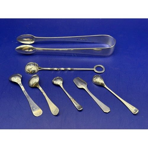 16 - Sterling Silver Cocktail Cherry Spoon , Sugar Tongs and 5 Salt Spoons approx 67g 925