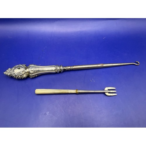 17 - Sterling Silver & Mother of Pearl Muffin Fork and Large Silver Handled Button Hook