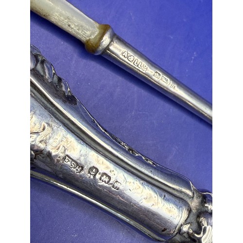 17 - Sterling Silver & Mother of Pearl Muffin Fork and Large Silver Handled Button Hook